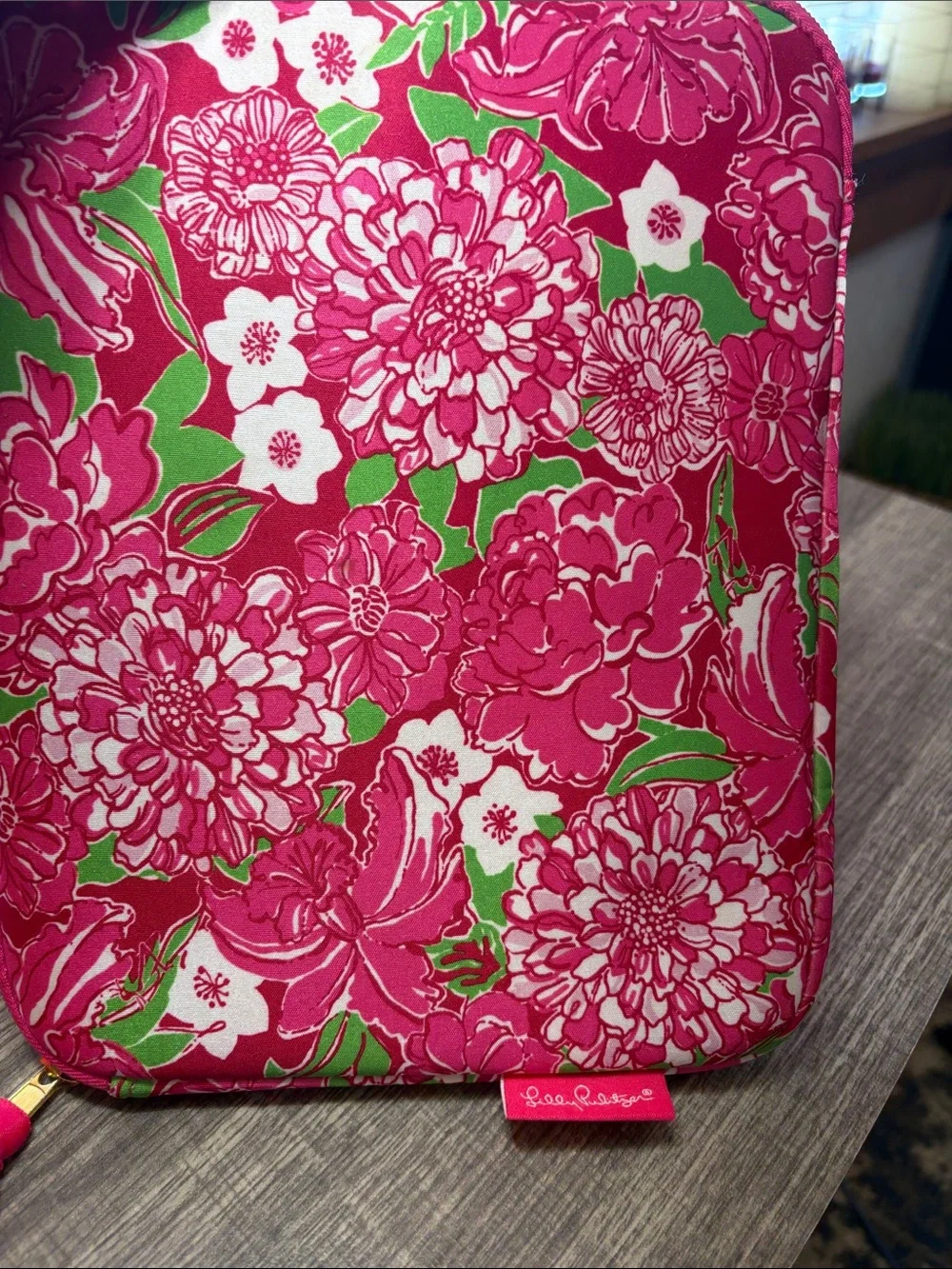 Lily Pulitzer Hot Pink Floral Tablet Sleeve with Faux Pearl Necklace & Ring